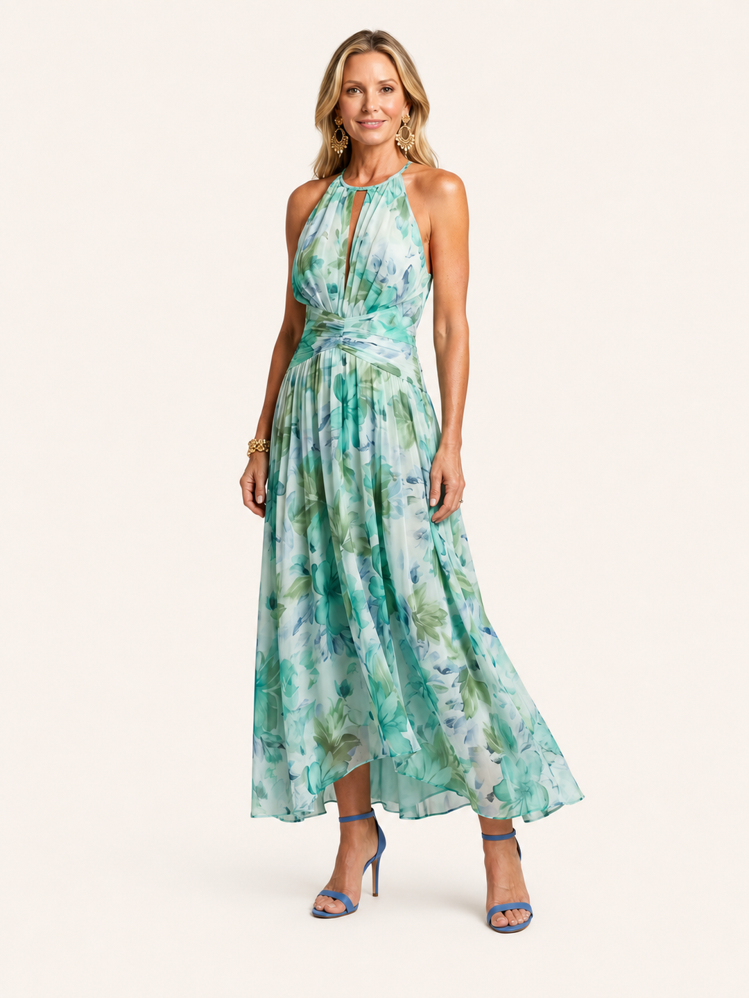 Portia | Abito Midi Plissettato Halter con Fantasia Floreale Morbida