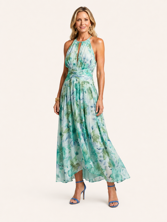 Portia | Abito Midi Plissettato Halter con Fantasia Floreale Morbida