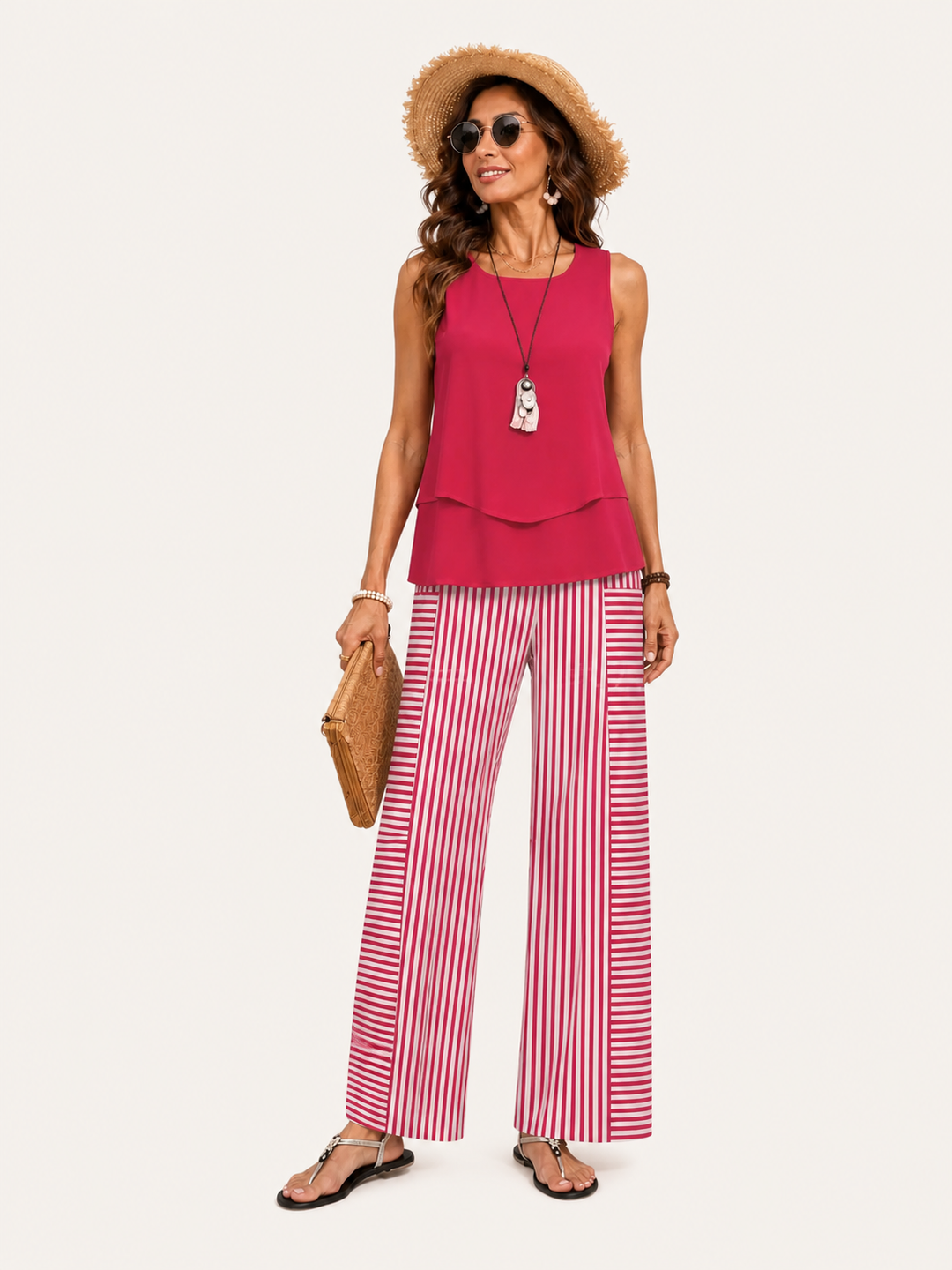Ramona | Coordinato Rosa Top Tinta Unita e Pantalone a Righe