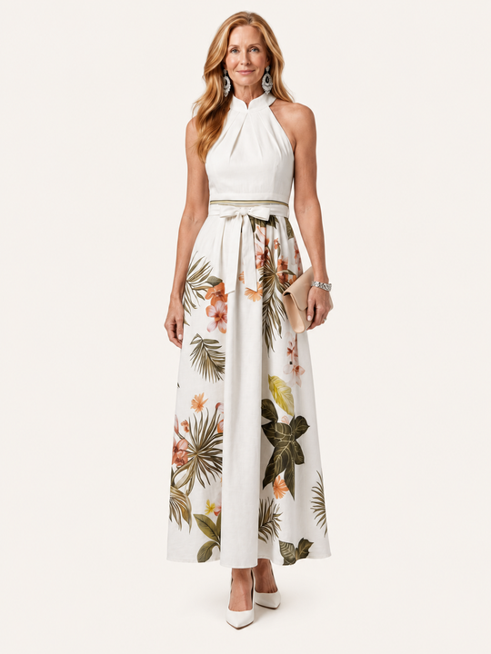 Sandra | Abito lungo con scollo all’americana drappeggiato e pannelli botanici
