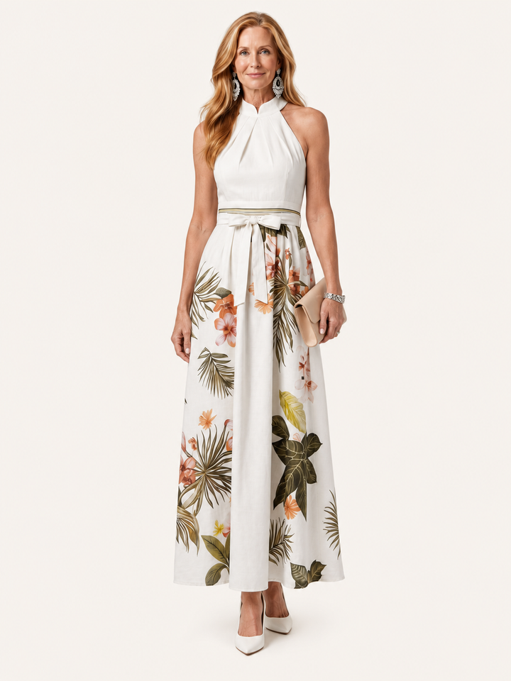 Sandra | Abito lungo con scollo all’americana drappeggiato e pannelli botanici