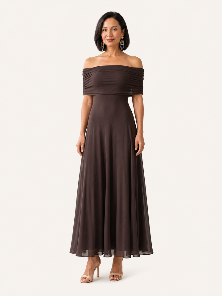 Giugno | Abito midi drappeggiato off-shoulder