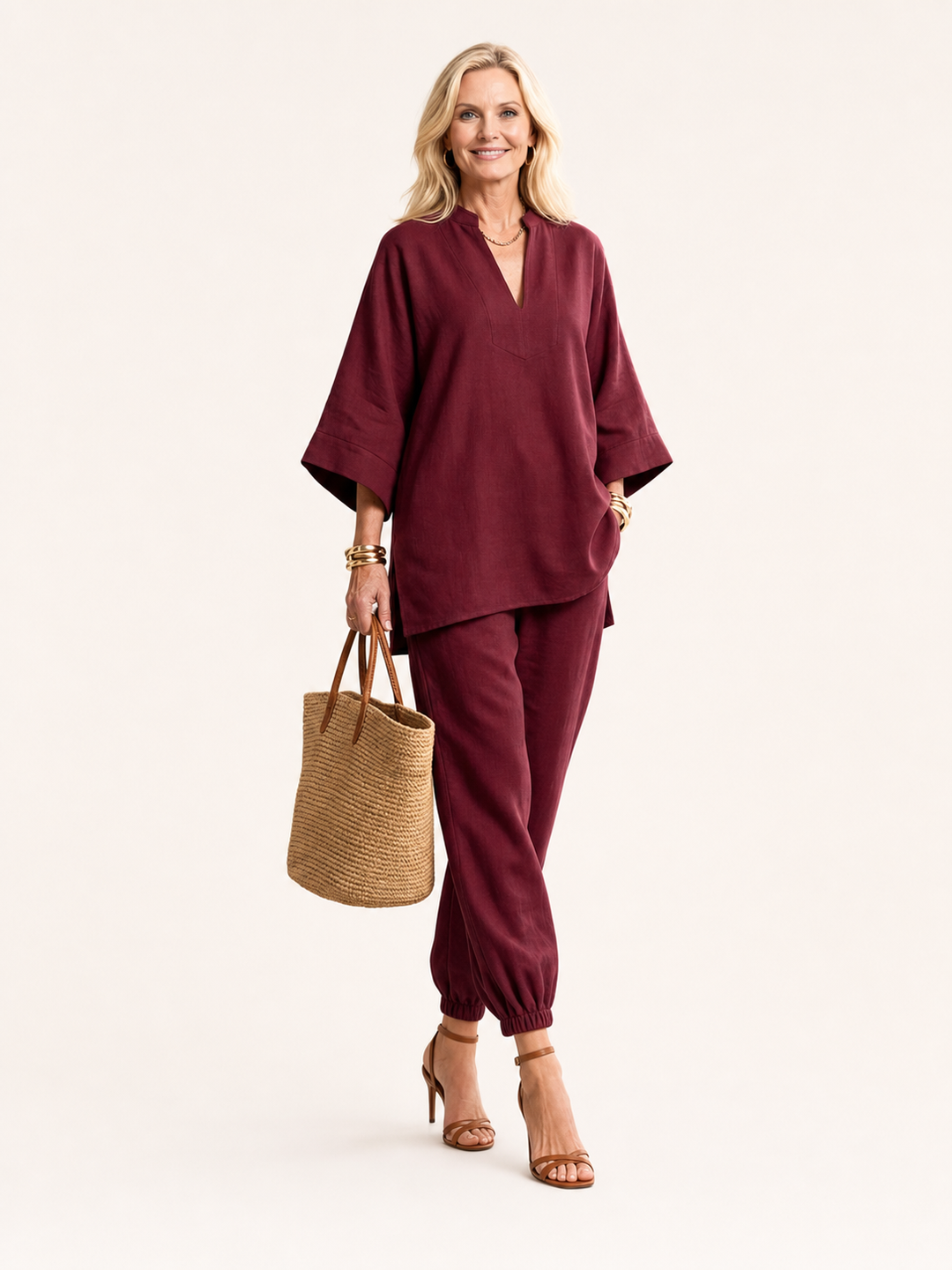 Georgiana | Completo tunica con scollo a V e pantaloni con orlo arricciato