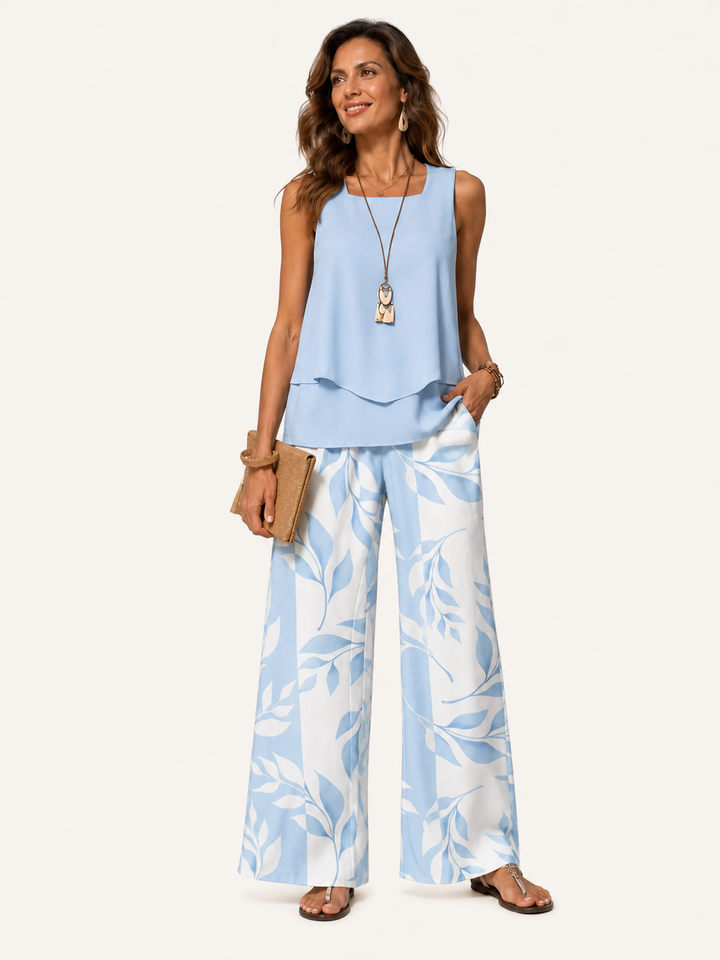 Olalla | Coordinato Azzurro Cielo Blusa e Pantalone Botanico
