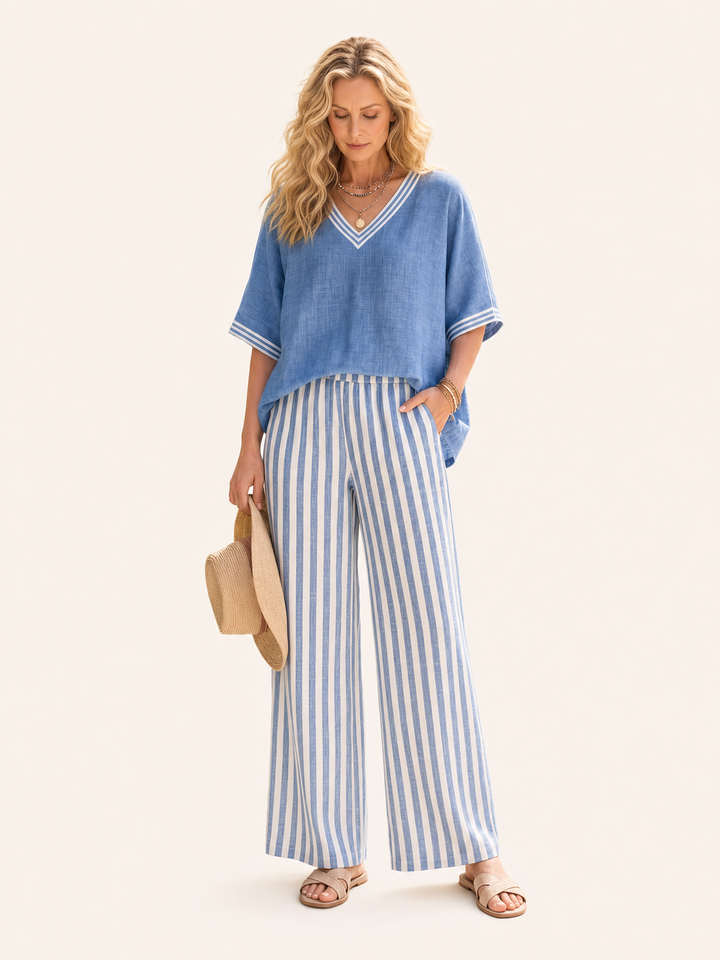 Paula | Set Tunica con Scollo a V a Contrasto e Pantaloni a Righe