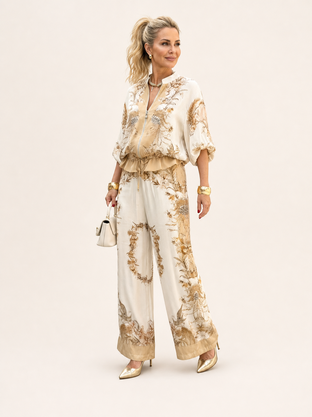 Gema | Completo Due Pezzi con Blusa Zip Front e Pantaloni Stampati