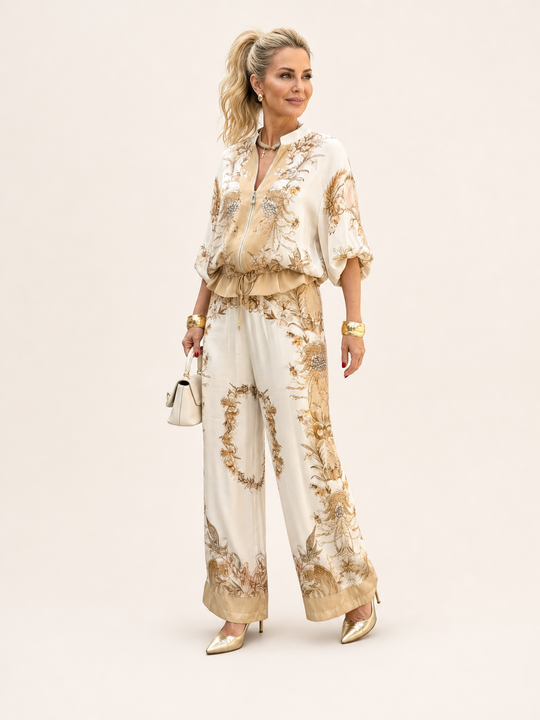 Gema | Completo Due Pezzi con Blusa Zip Front e Pantaloni Stampati