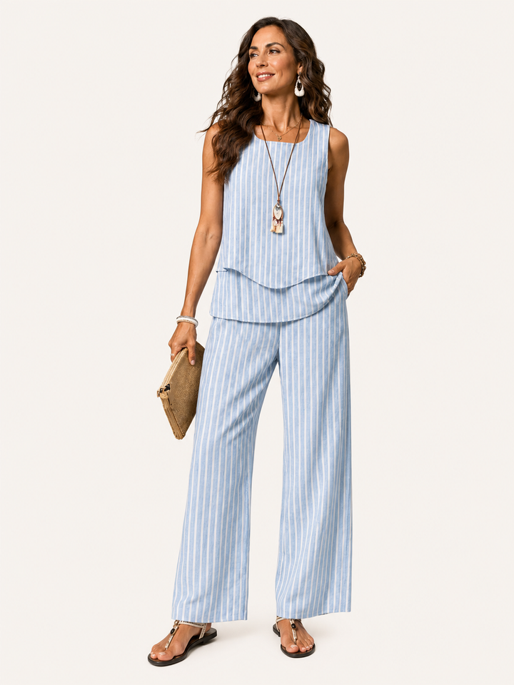 Nicolasa | Coordinato a Righe Azzurro Top e Pantalone Ampio