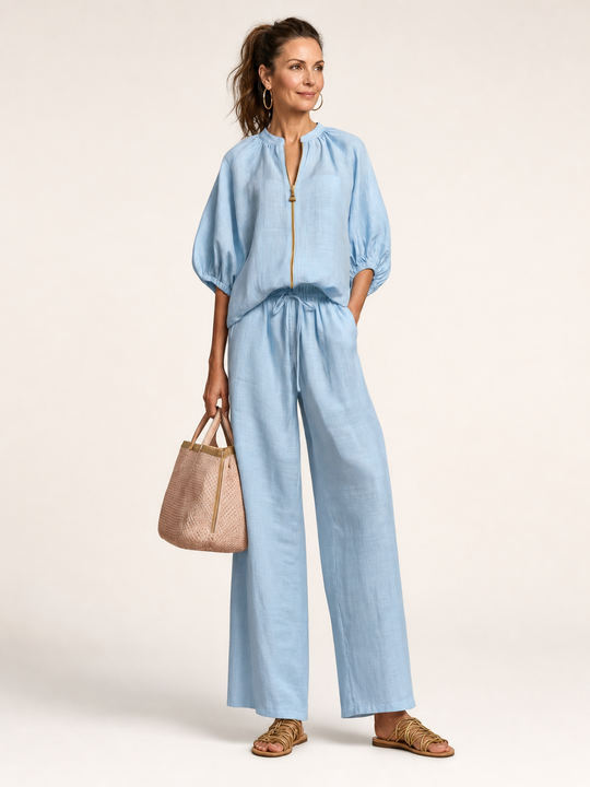 Natalia | Completo con Blusa con Zip e Pantaloni a Gamba Larga