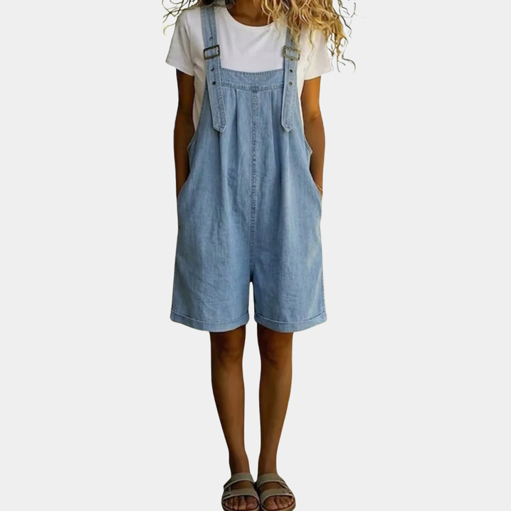 Clara | Salopette Corta Vintage in Denim Effetto Cotone Azzurro