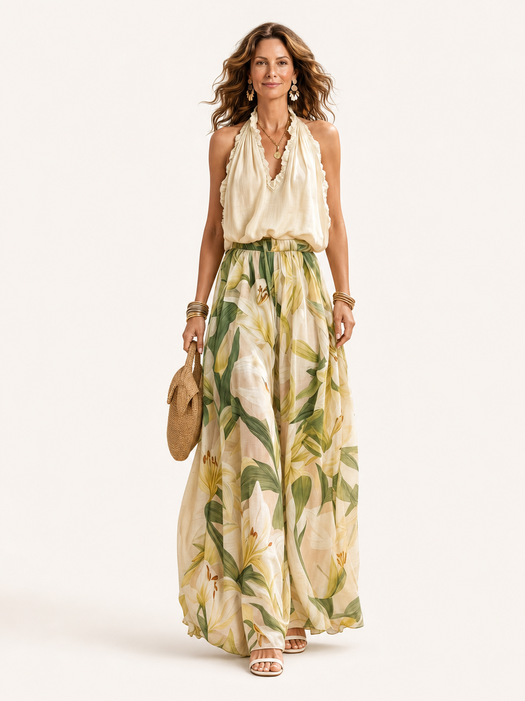 Solange | Completo con Blusa Halter e Pantaloni Floreali a Gamba Larga