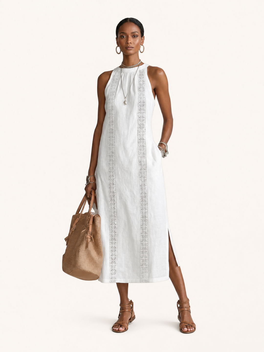 Jimena | Abito Midi in Lino con Collo alla Coreana