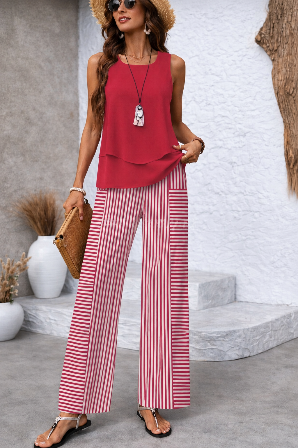 Ramona | Coordinato Rosa Top Tinta Unita e Pantalone a Righe