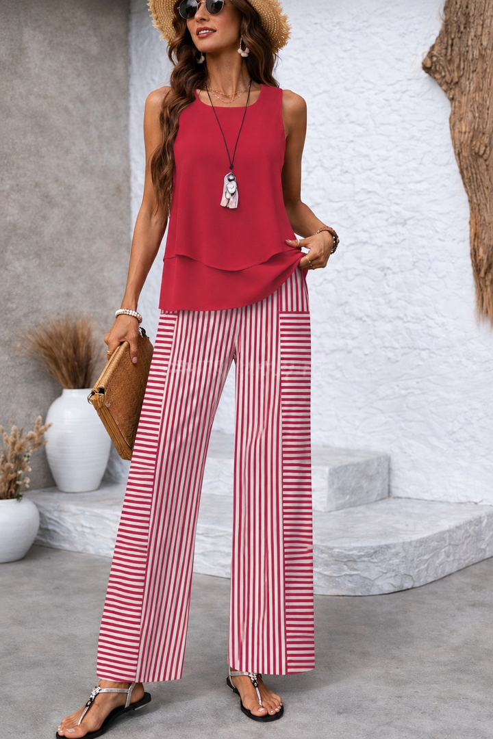 Ramona | Coordinato Rosa Top Tinta Unita e Pantalone a Righe
