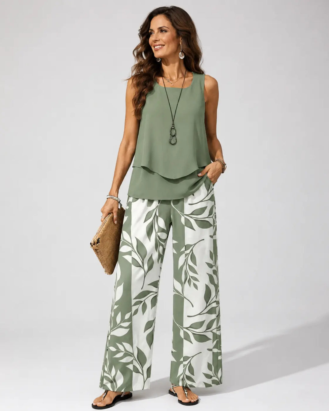 Petronila | Coordinato Verde Salvia Blusa e Pantalone Botanico