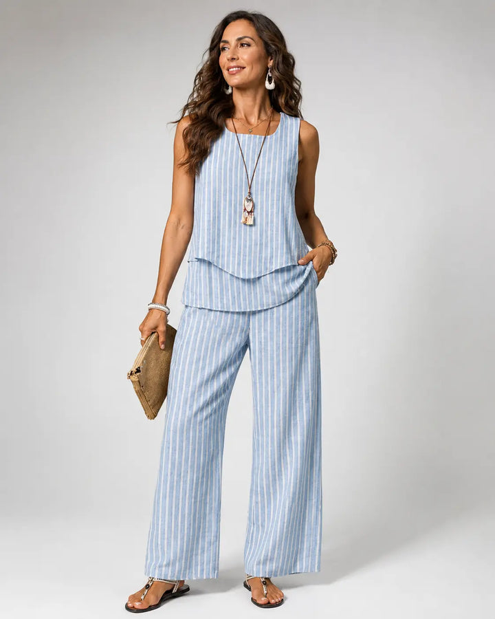 Nicolasa | Coordinato a Righe Azzurro Top e Pantalone Ampio