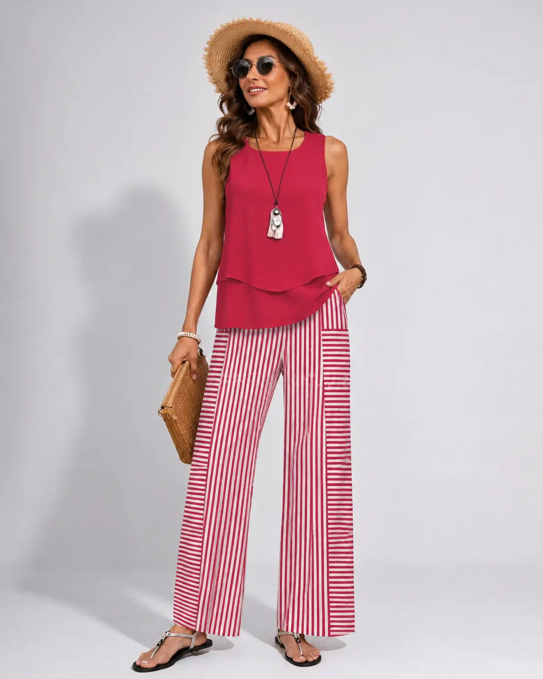Ramona | Coordinato Rosa Top Tinta Unita e Pantalone a Righe