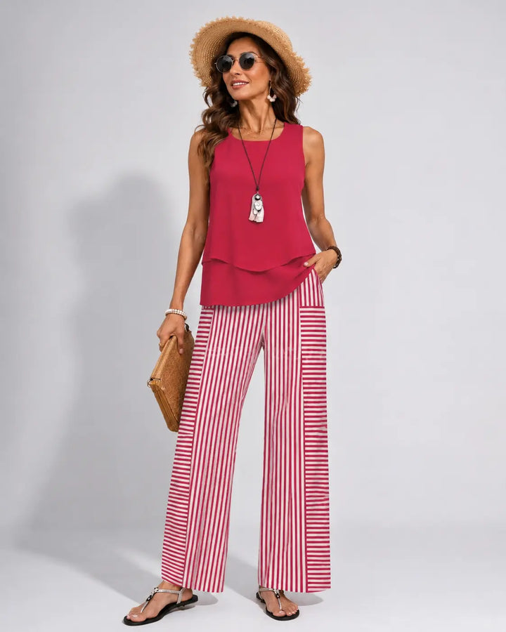 Ramona | Coordinato Rosa Top Tinta Unita e Pantalone a Righe