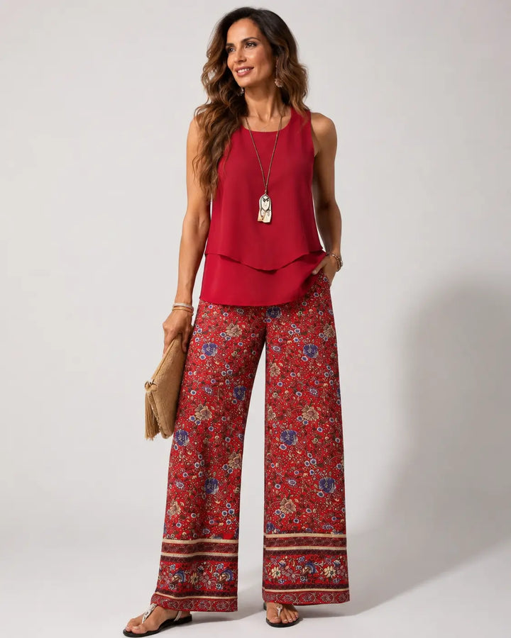 Cayetana | Coordinato Boho Top a Strati e Pantalone Floreale