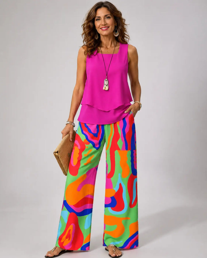 Clotilde | Coordinato Top Rosa e Pantalone Astratto