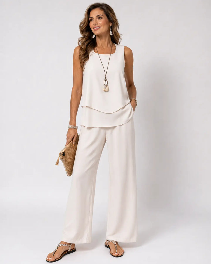 Leandra | Coordinato Crema Satinato Top a Strati e Pantalone