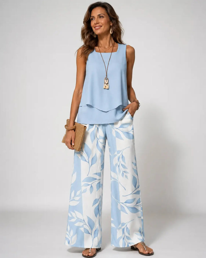 Olalla | Coordinato Azzurro Cielo Blusa e Pantalone Botanico