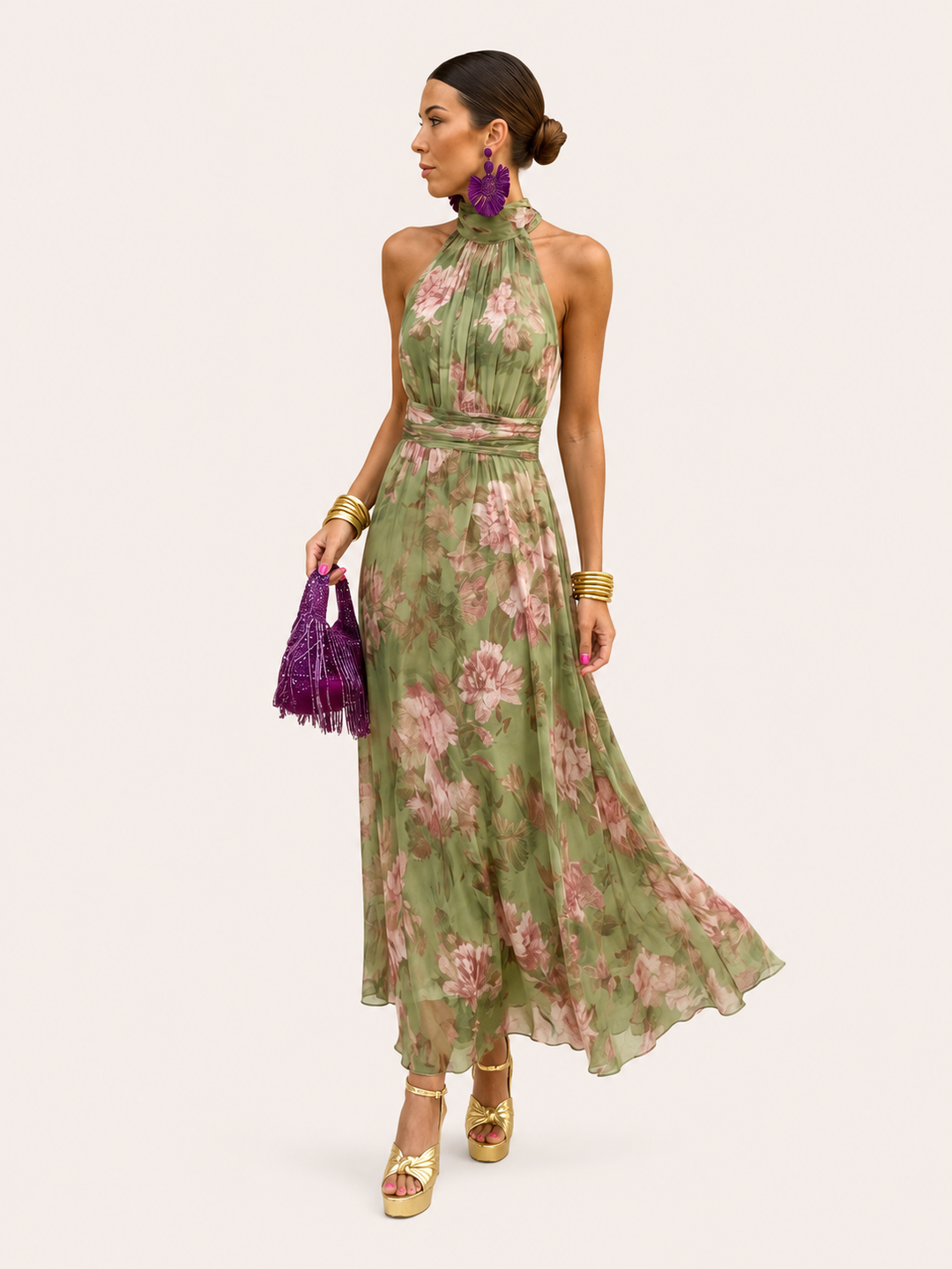 Fiorenza | Abito Lungo Scollo Basso Fiori Verde