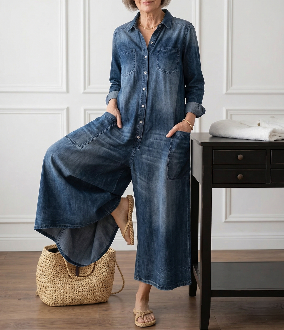 Diana | Abito Salopette Vintage in Denim di Cotone con Bottoni
