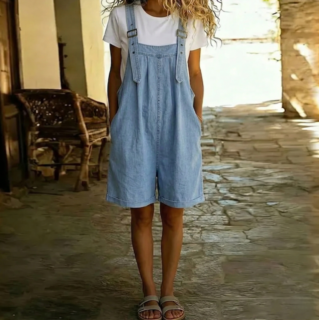 Clara | Salopette Corta Vintage in Denim Effetto Cotone Azzurro