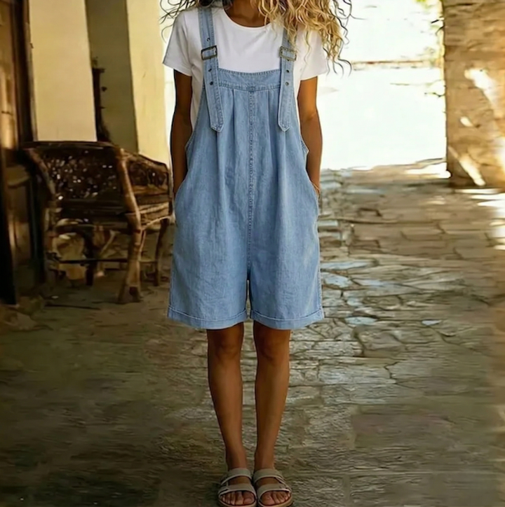 Clara | Salopette Corta Vintage in Denim Effetto Cotone Azzurro