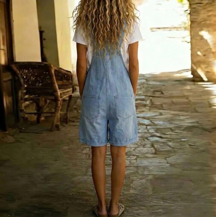 Clara | Salopette Corta Vintage in Denim Effetto Cotone Azzurro