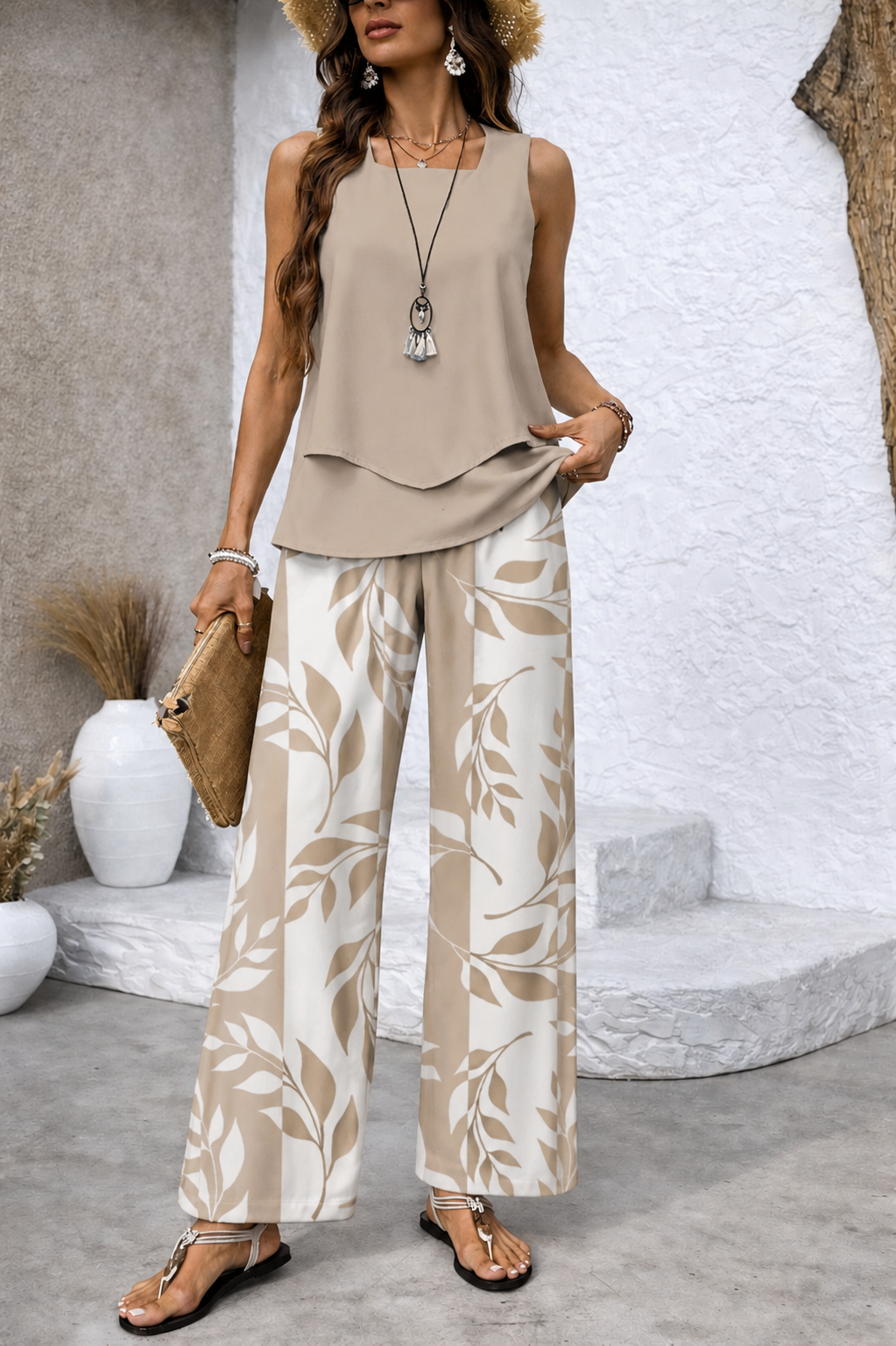 Ernestina | Coordinato Naturale Blusa Beige e Pantalone Botanico