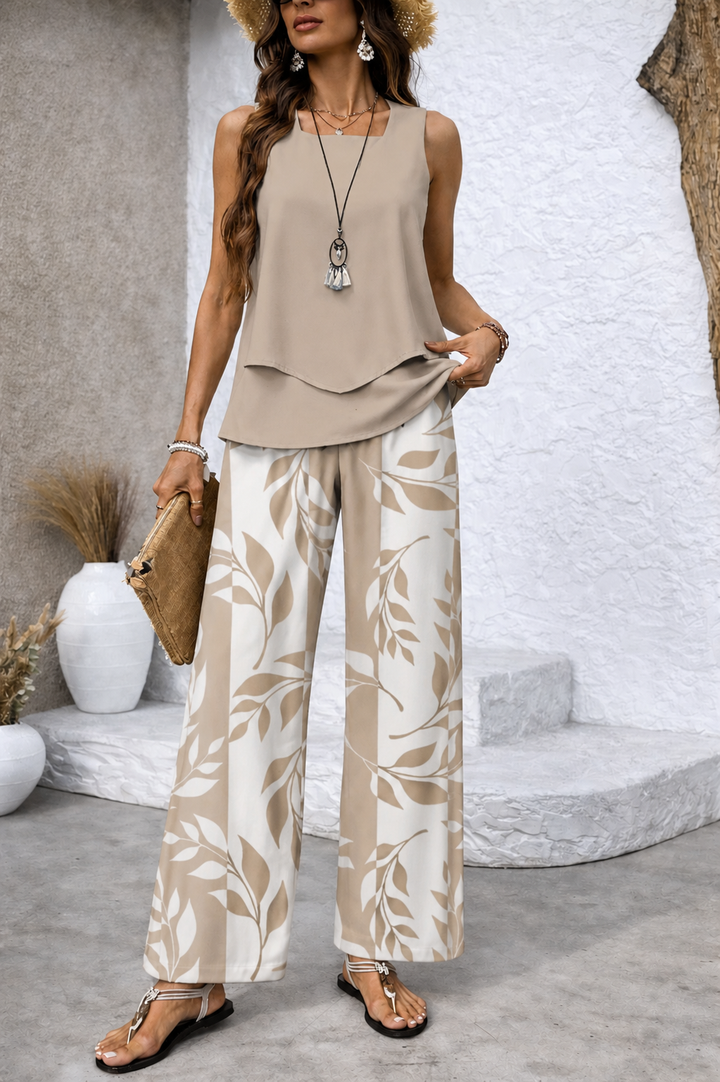 Ernestina | Coordinato Naturale Blusa Beige e Pantalone Botanico