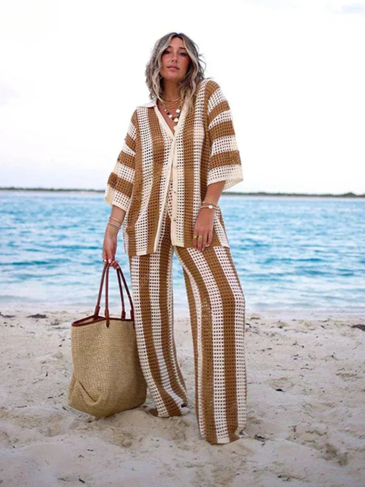 Zenaida | Coordinato Crochet a Righe Kimono e Pantalone