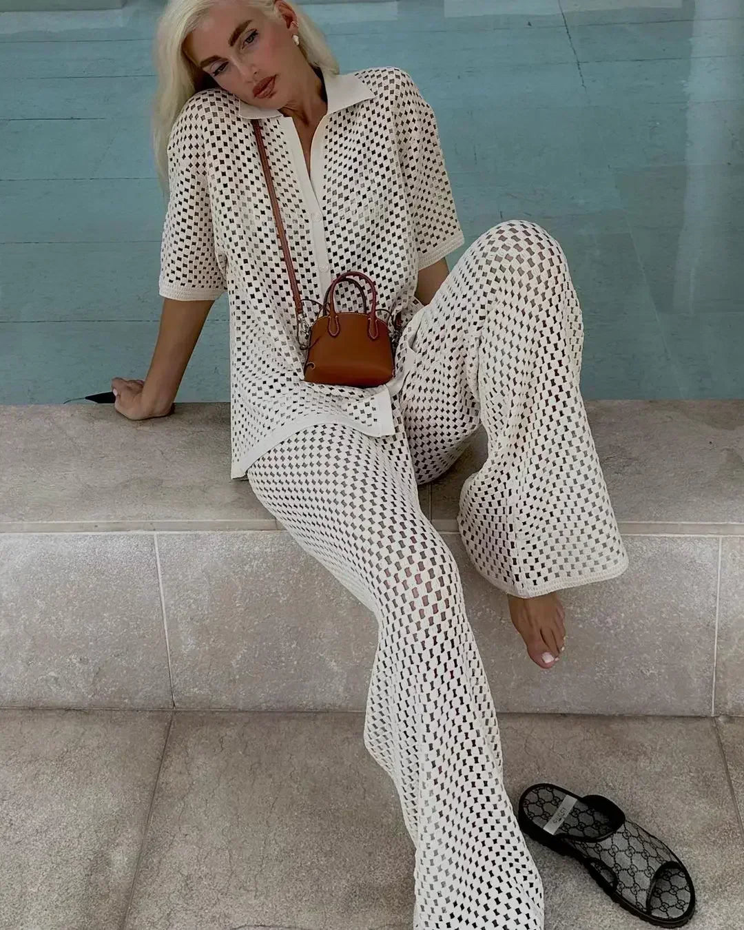 Zenaida | Coordinato Crochet a Righe Kimono e Pantalone