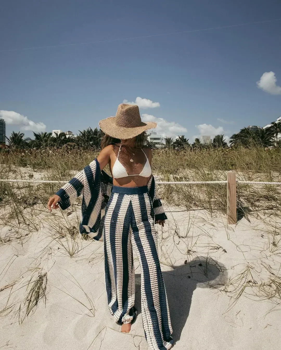 Zenaida | Coordinato Crochet a Righe Kimono e Pantalone