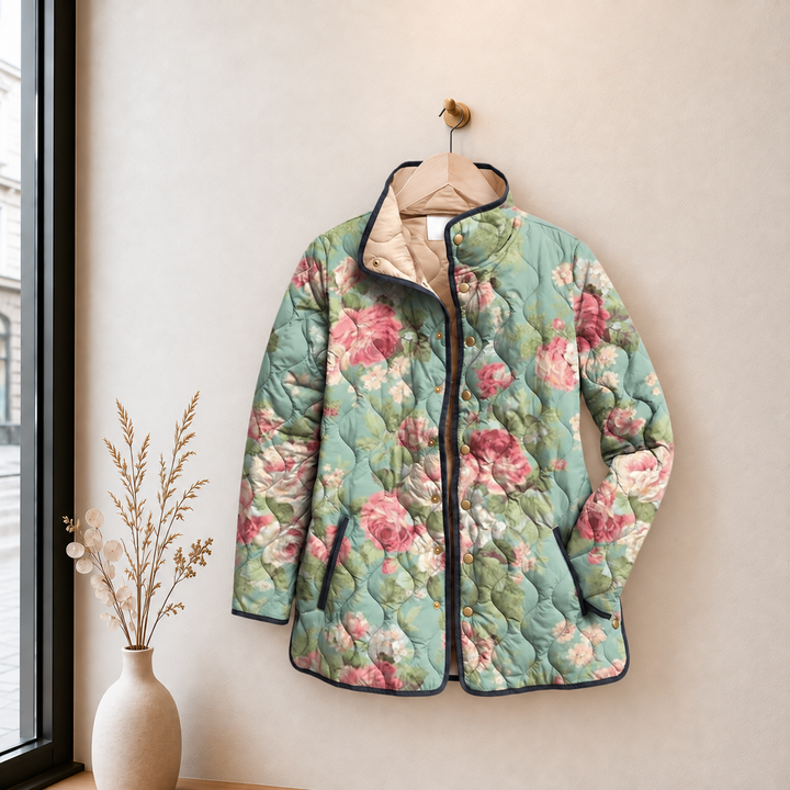 Ambra | Giacca Trapuntata Verde Menta con Grandi Fiori - immagine senza logo
