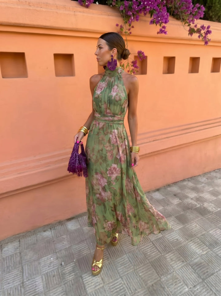 Fiorenza | Abito Lungo Scollo Basso Fiori Verde