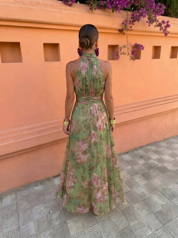 Fiorenza | Abito Lungo Scollo Basso Fiori Verde