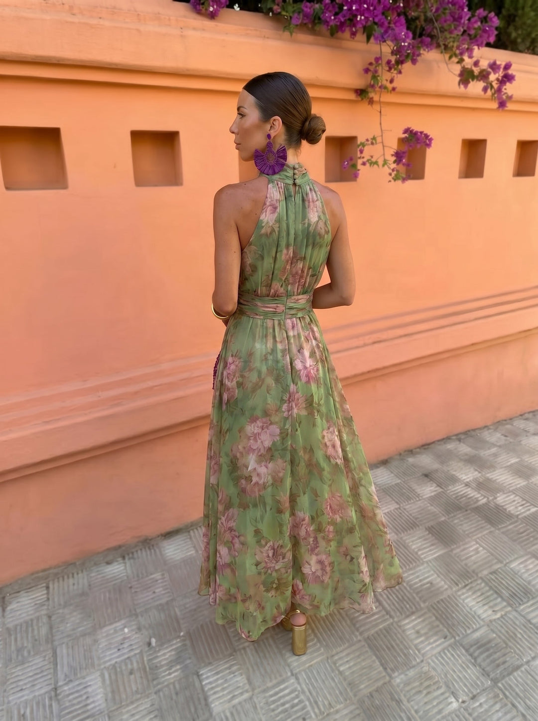 Fiorenza | Abito Lungo Scollo Basso Fiori Verde
