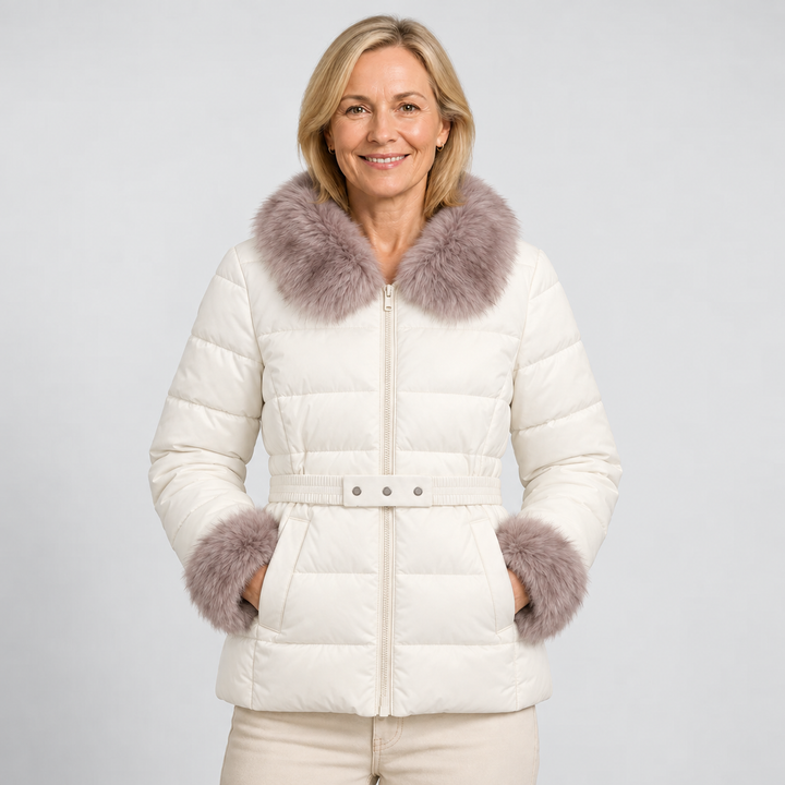 Carla | Piumino Corto con Collo in Ecopelliccia – Avorio, Beige e Verde Salvia - immagine 1