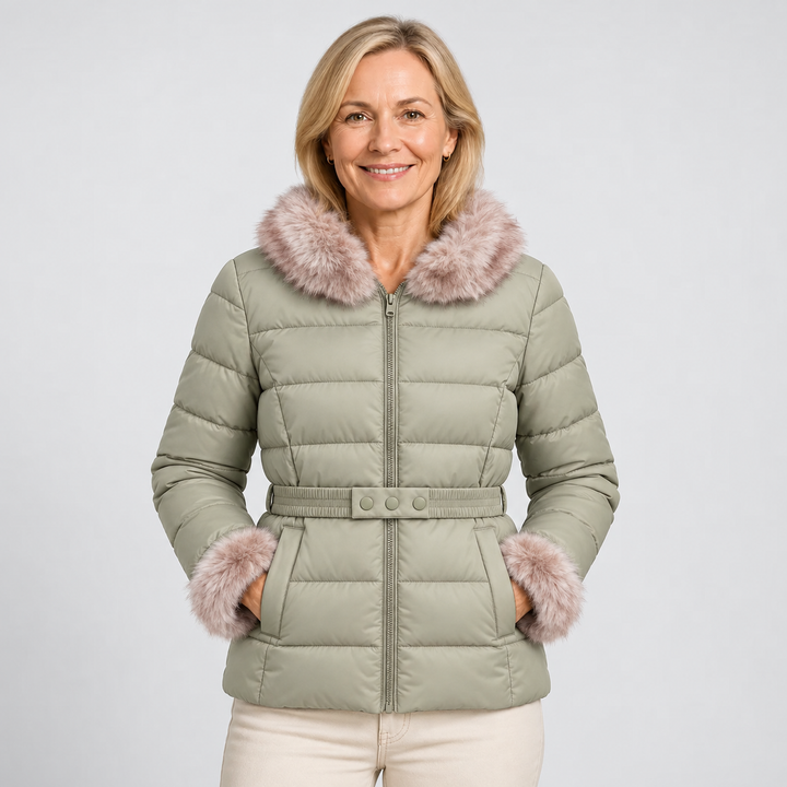 Carla | Piumino Corto con Collo in Ecopelliccia – Avorio, Beige e Verde Salvia - immagine 3