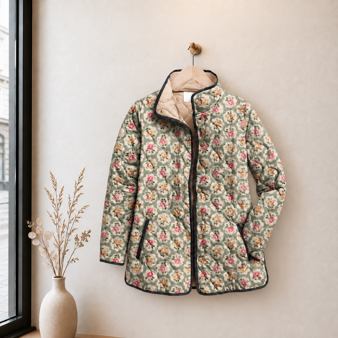 Cinzia | Giacca Trapuntata Verde Salvia con Motivo a Rose - immagine senza logo