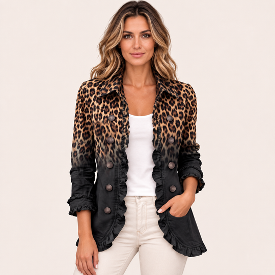 Erminia | Blazer Leopardo Nero con Volant - vista frontale