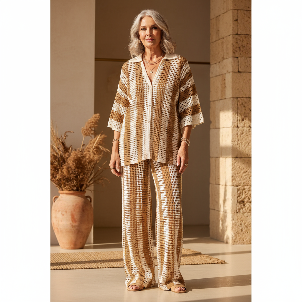Zenaida | Coordinato Crochet a Righe Kimono e Pantalone