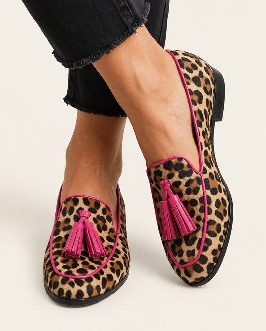 Mocassino Fiamma — Leopardo con Profili e Nappine Fucsia - immagine principale