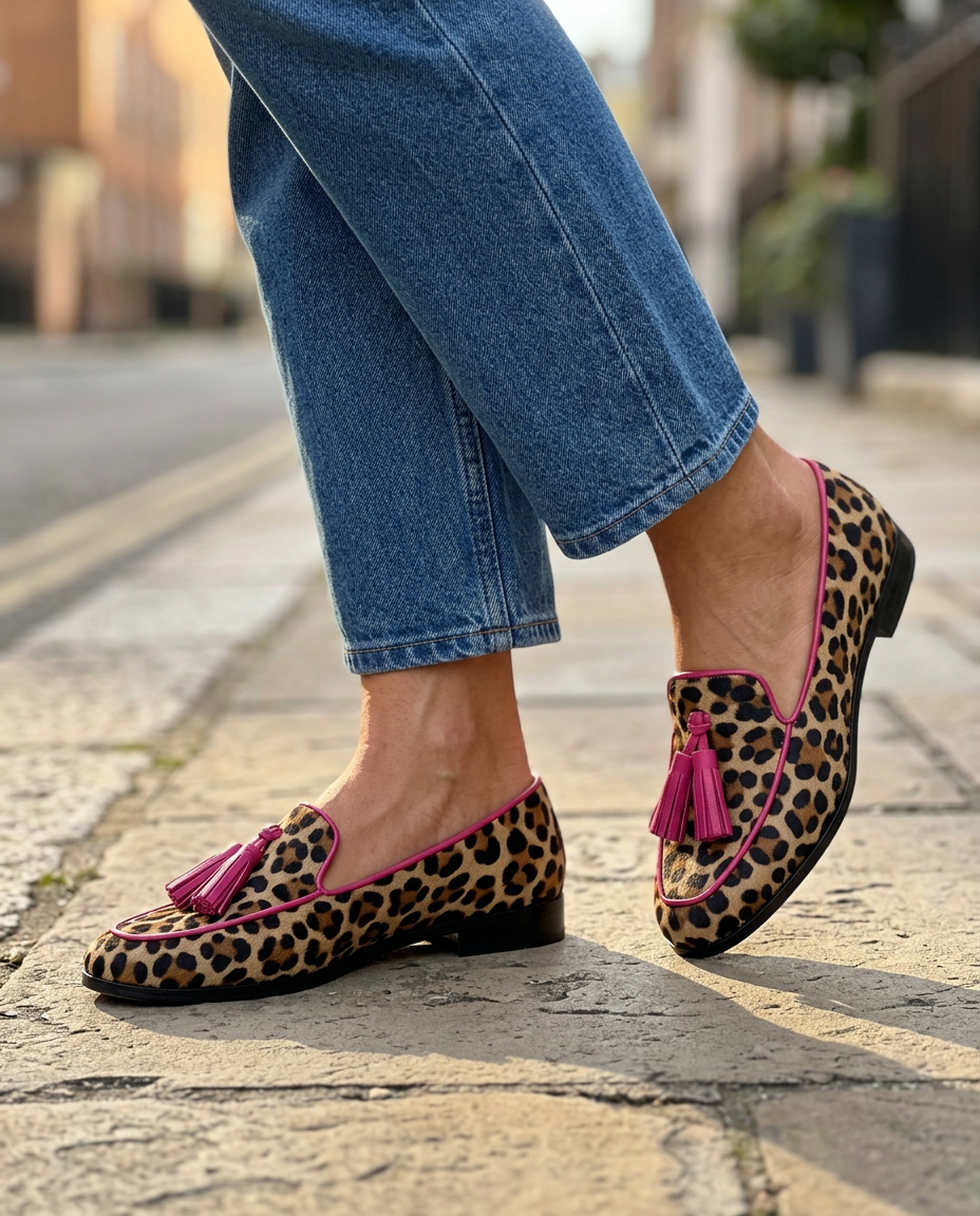 Mocassino Fiamma — Leopardo con Profili e Nappine Fucsia - immagine 3