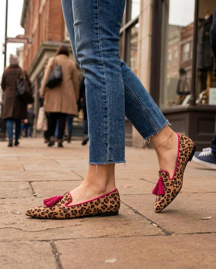 Mocassino Ginevra — Leopardo Scamosciato, Nappine Fucsia - immagine 4