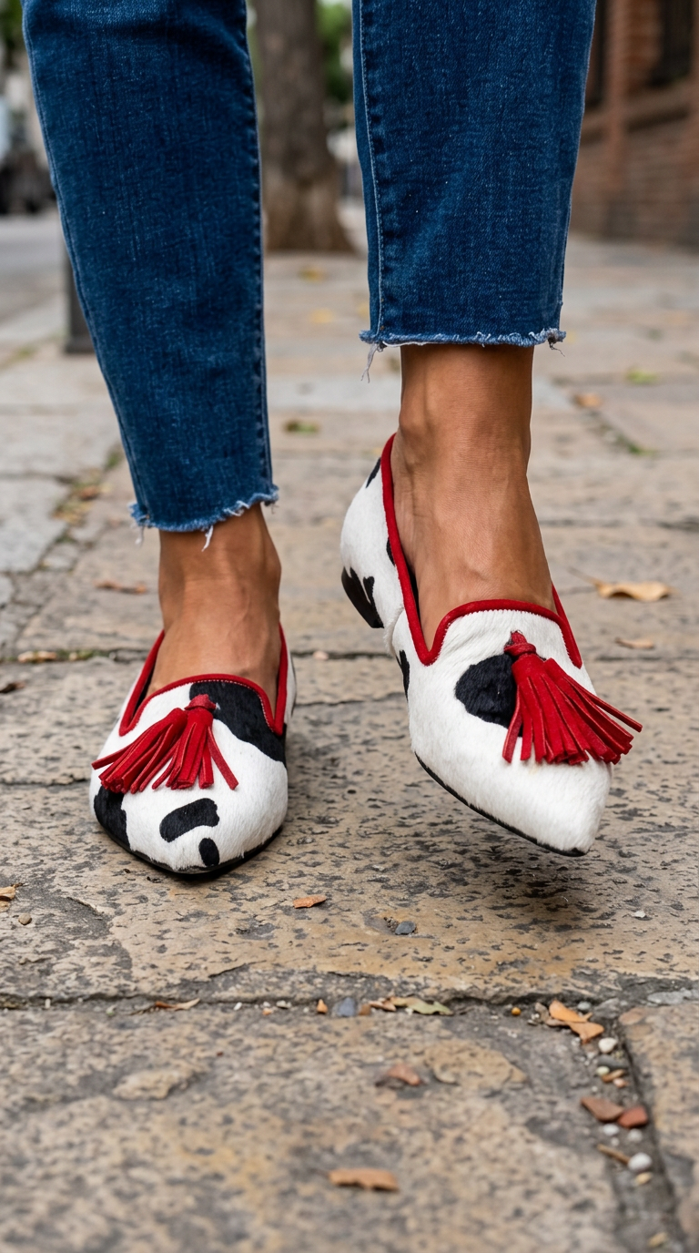 Mocassino Ginevra — Mucca Bianco e Nero, Nappine Rosse - immagine 3