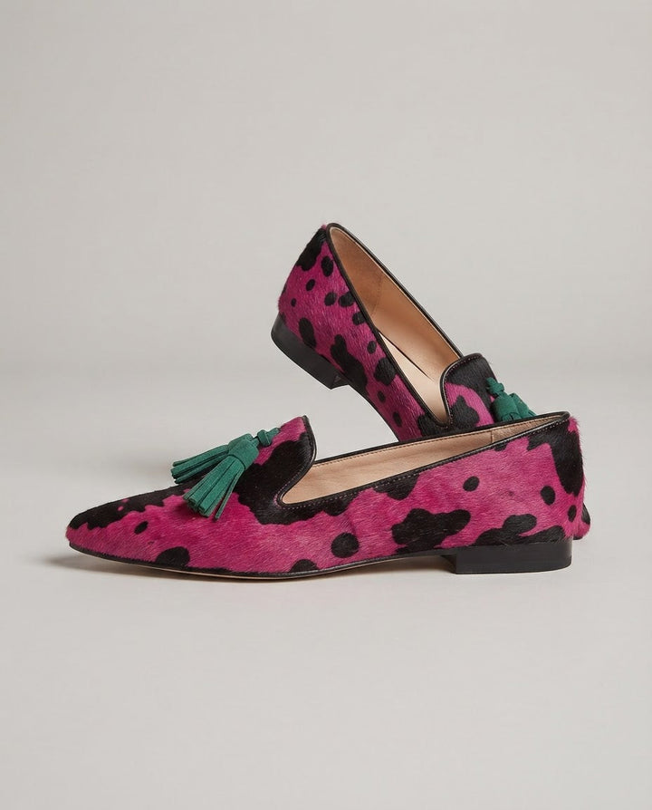 Mocassino Ginevra — Mucca Fucsia, Nappine Verdi - immagine 2